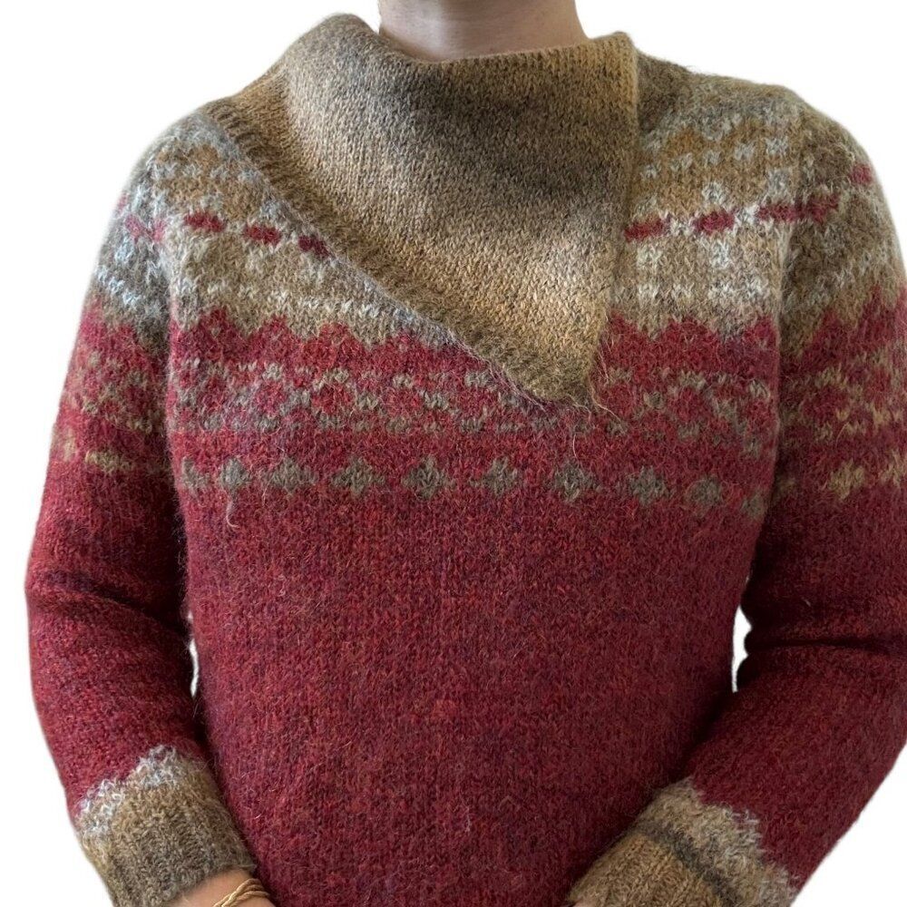 Vintage PBJ Sport Fall Colors Red Mohair Cowl Neck Geometric Fluffy Sweater Sz M